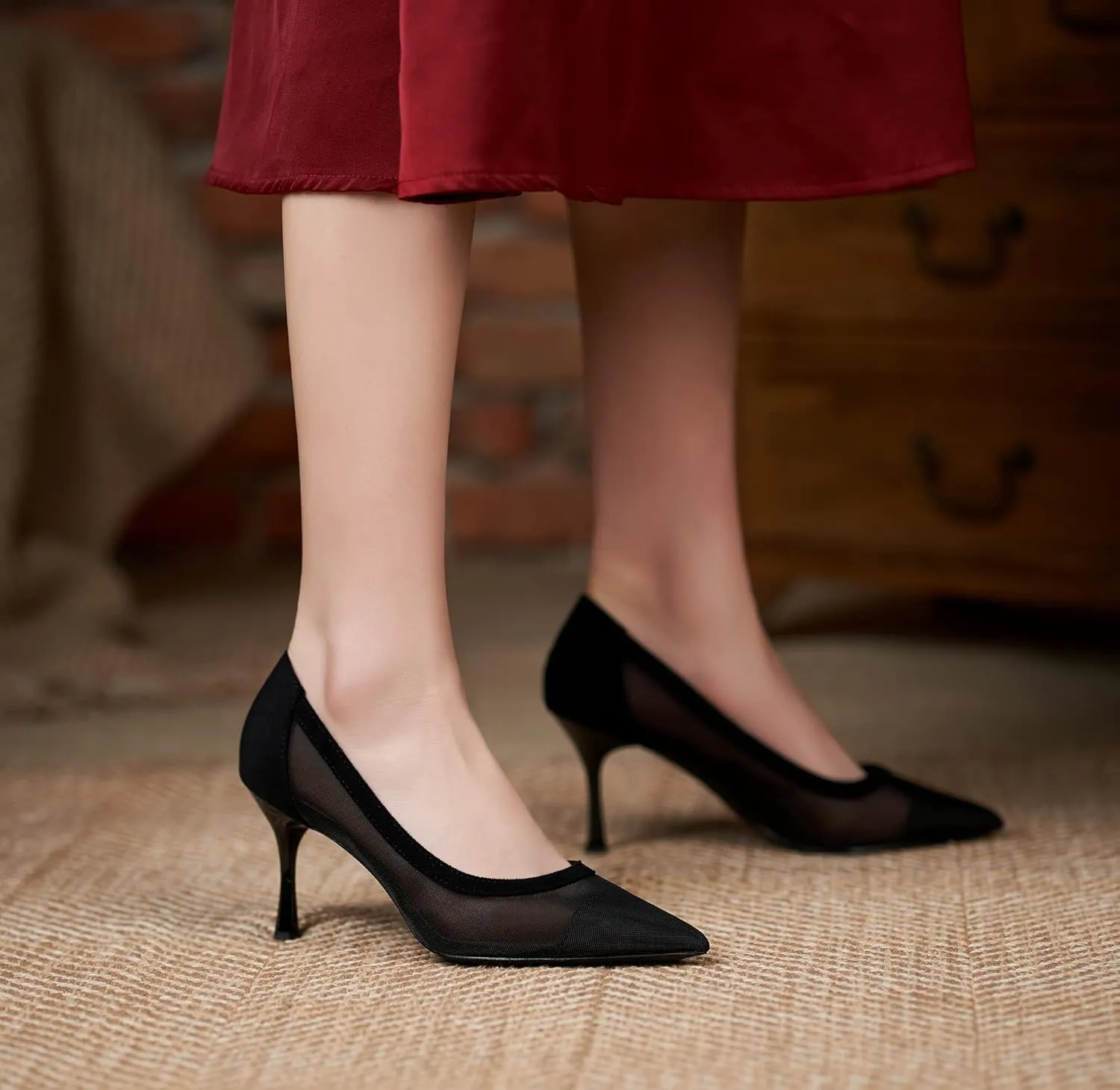 YooPrettyz Women See Through Mesh Sexy High Heels Formal Dressy Pump Shoes Pointed Toe Office Kitten Heels