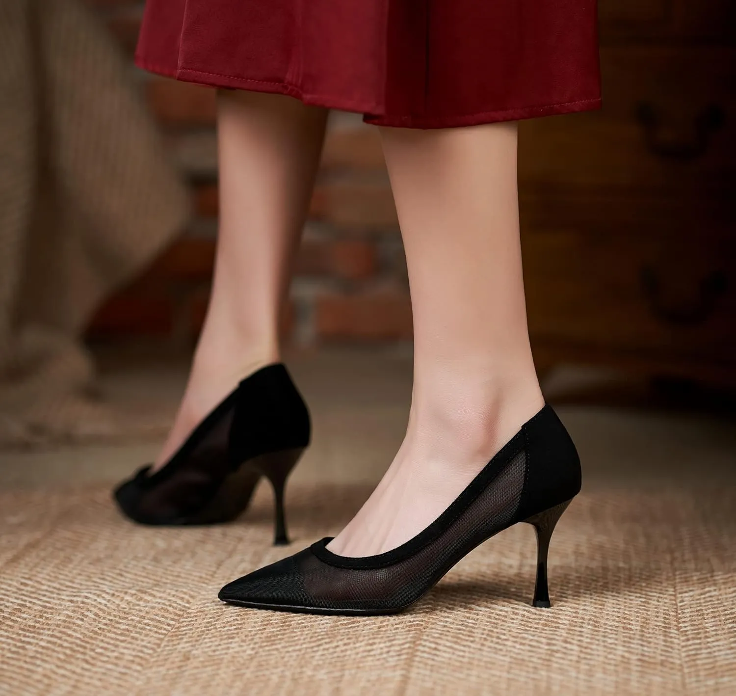 YooPrettyz Women See Through Mesh Sexy High Heels Formal Dressy Pump Shoes Pointed Toe Office Kitten Heels