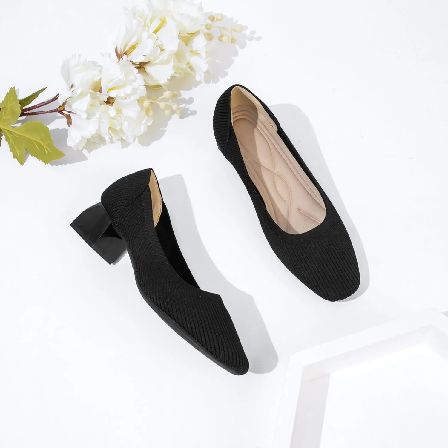 youngshow Womens Pumps Block Heels Square Toe Knit Comfortable Heel for Women Slip On Work Shoes for Woman Dress Classic Shoes Walk Office