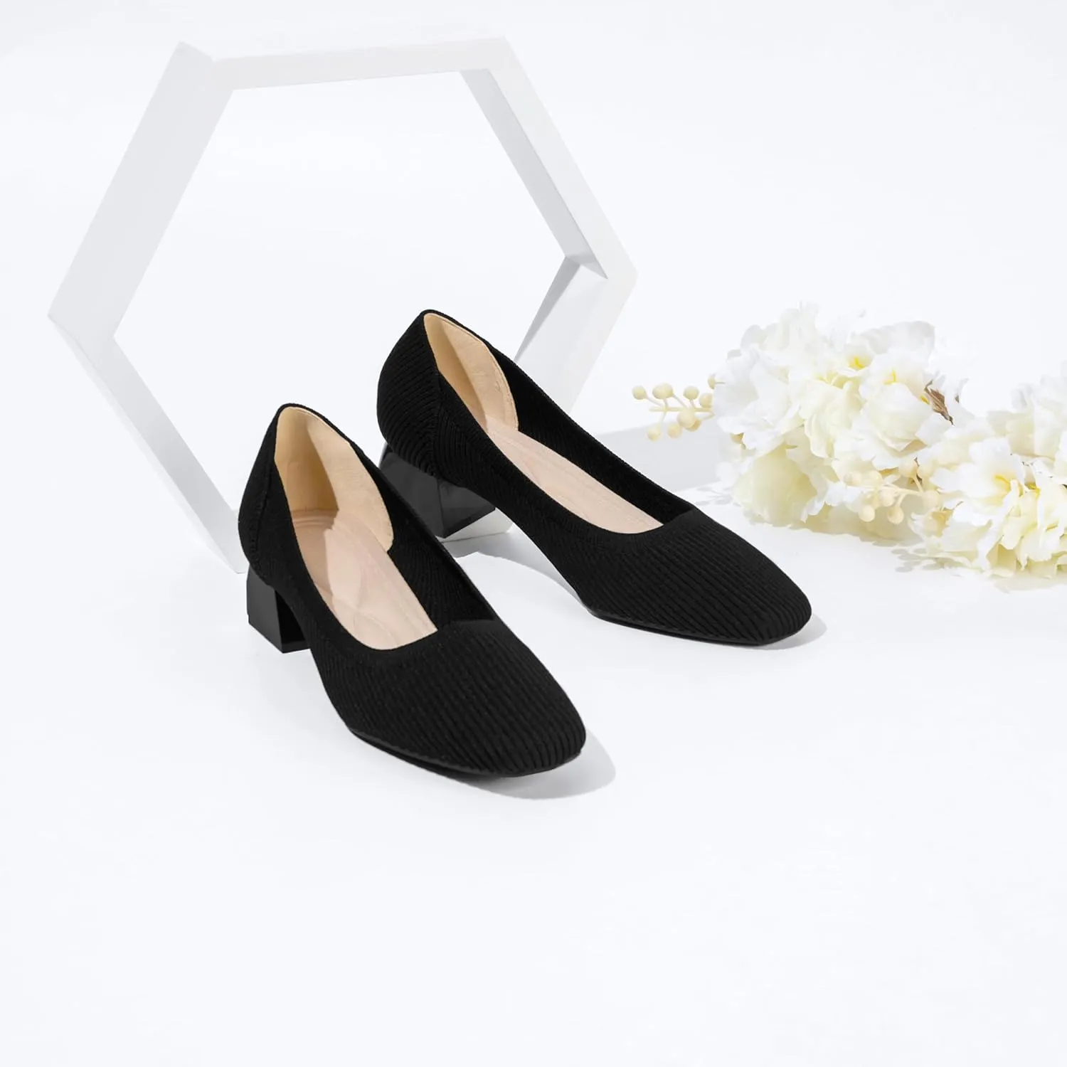 youngshow Womens Pumps Block Heels Square Toe Knit Comfortable Heel for Women Slip On Work Shoes for Woman Dress Classic Shoes Walk Office