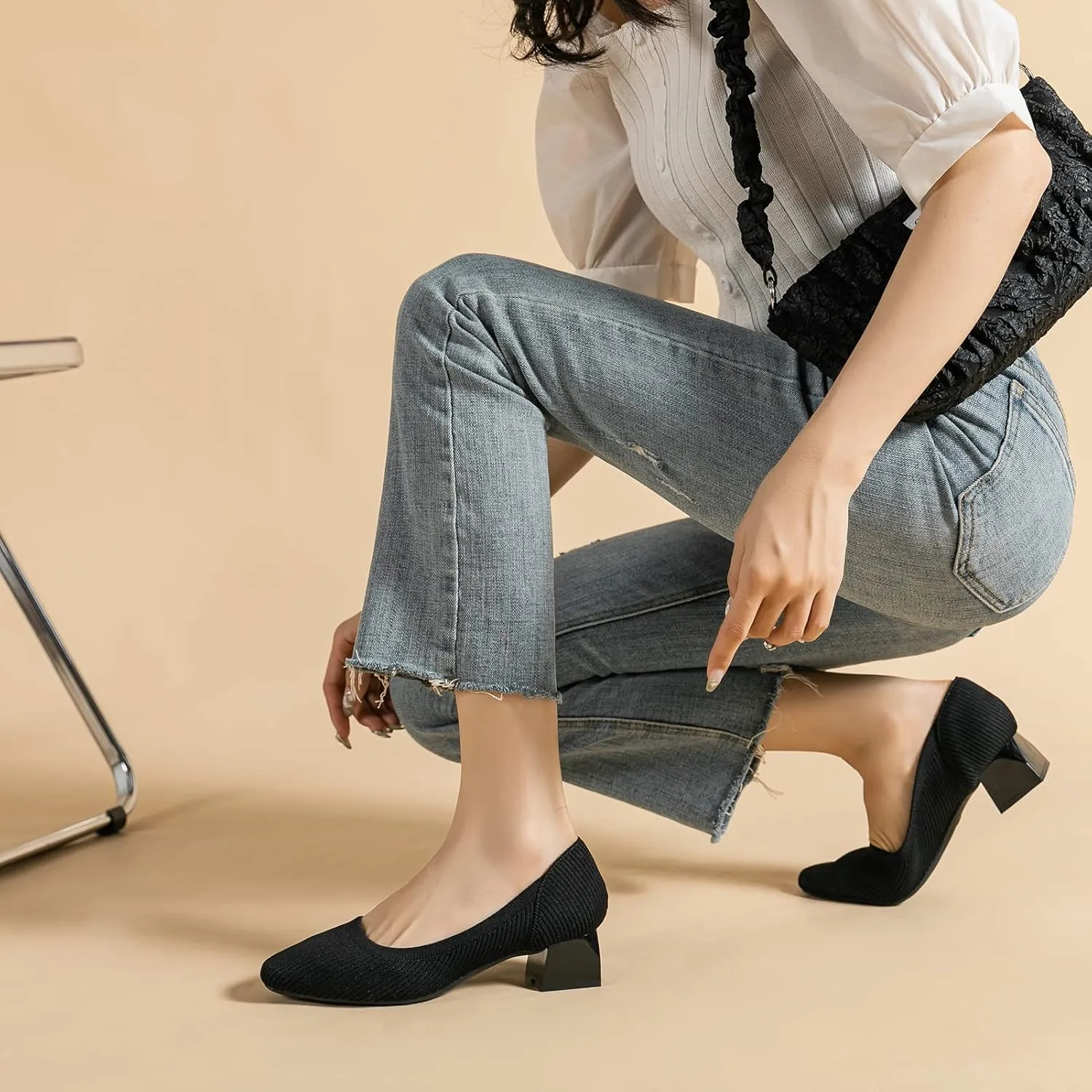 youngshow Womens Pumps Block Heels Square Toe Knit Comfortable Heel for Women Slip On Work Shoes for Woman Dress Classic Shoes Walk Office