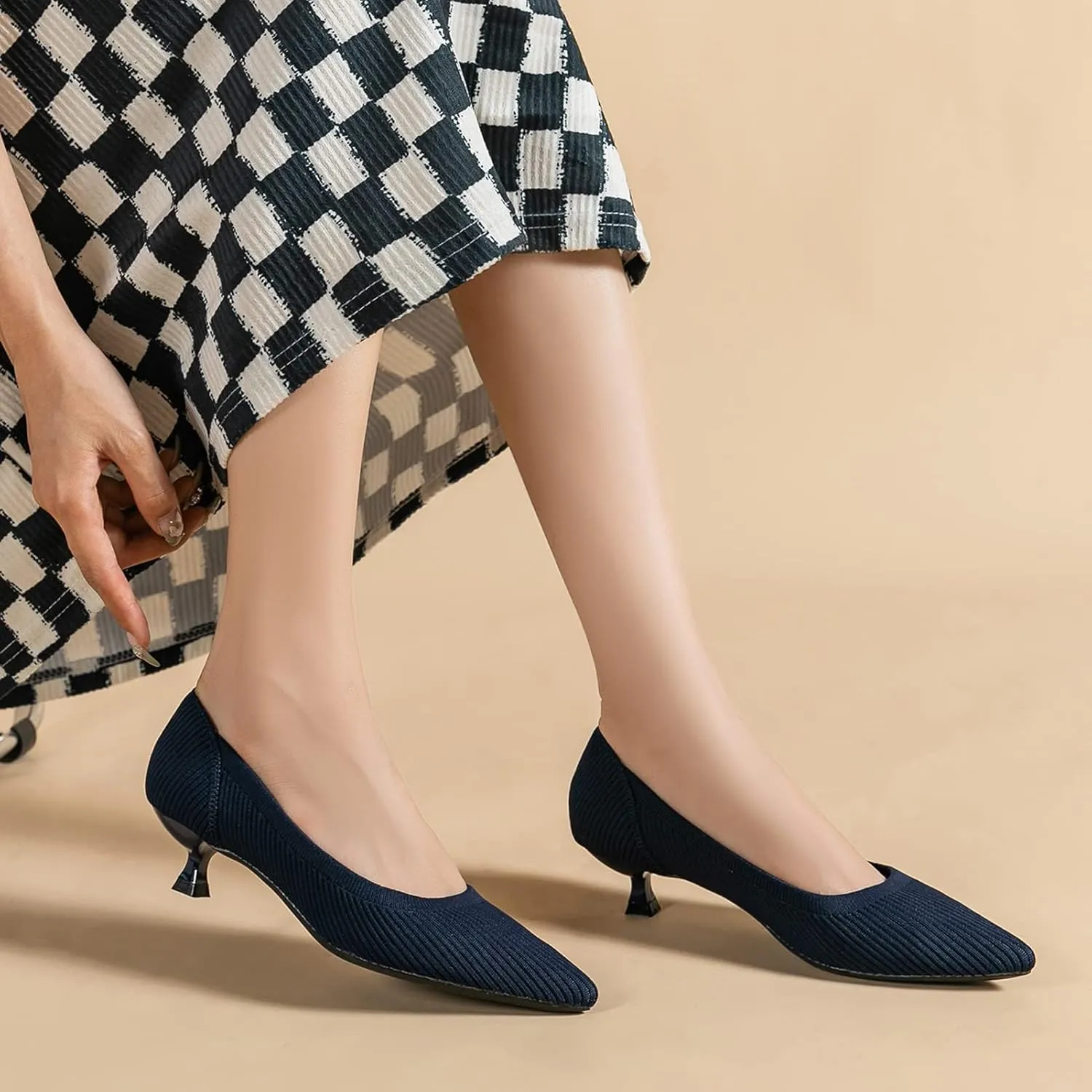youngshow Women's Pumps Kitten Heels Pointed Toe Knit Slip On Comfortable Casual Formal Dress Shoes