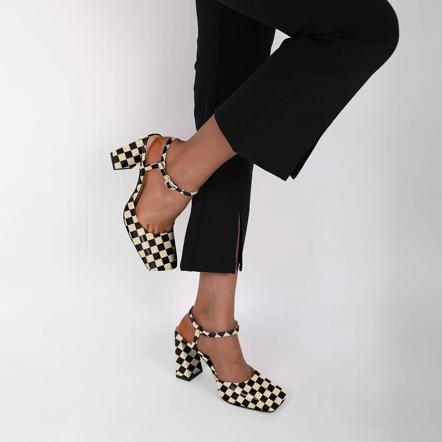 Zamikoo Womens Ankle Strap Square Toe Chunky Heel Pumps Shoes Dressy 3.5 Inches