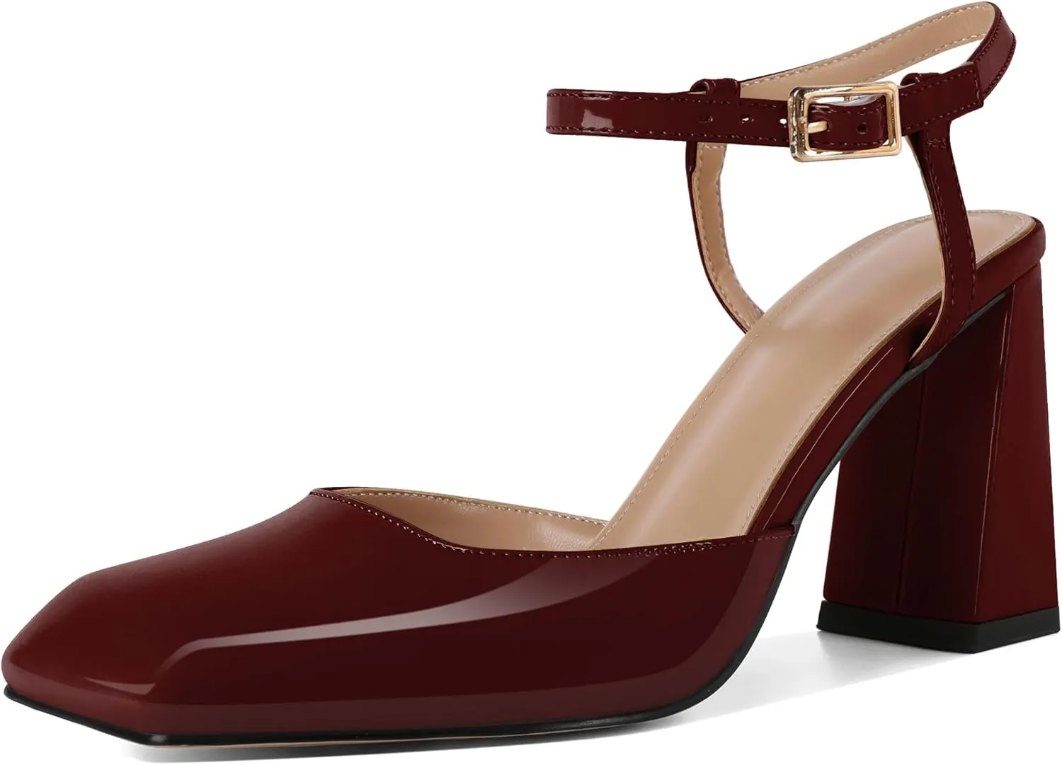 Zamikoo Womens Ankle Strap Square Toe Chunky Heel Pumps Shoes Dressy 3.5 Inches