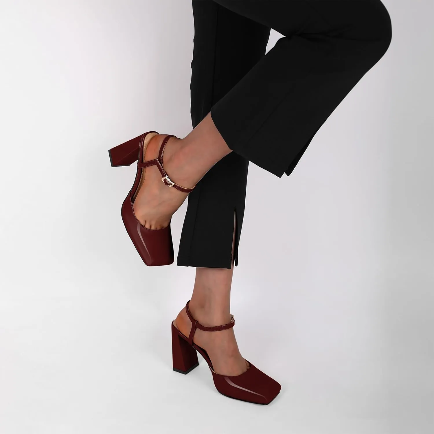 Zamikoo Womens Ankle Strap Square Toe Chunky Heel Pumps Shoes Dressy 3.5 Inches